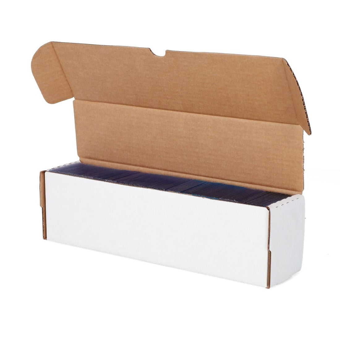 BCW 14-inch top-loader storage box open with protected trading cards