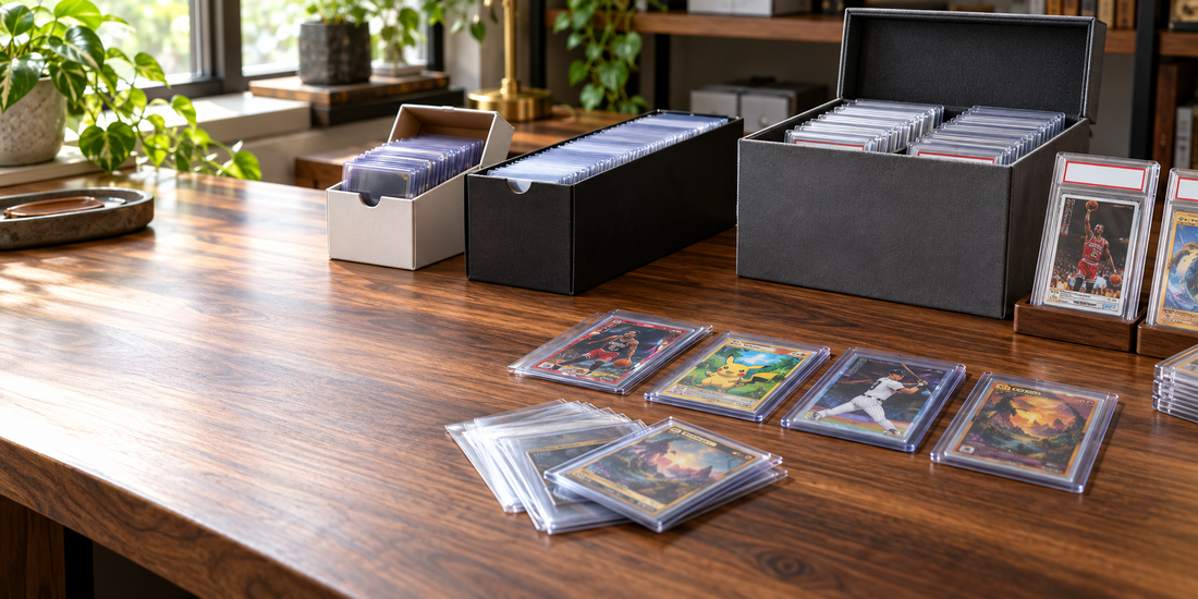 Trading card storage boxes organized for different collection sizes