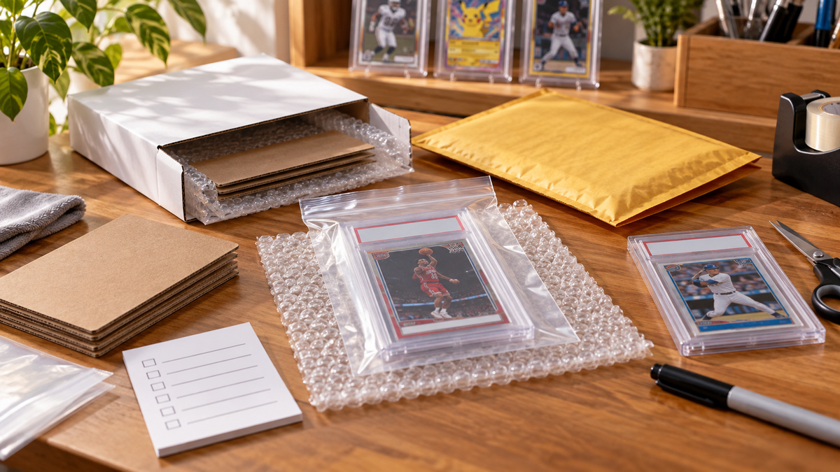 Trading cards, sleeves, top loaders and graded slabs packed for safe shipping