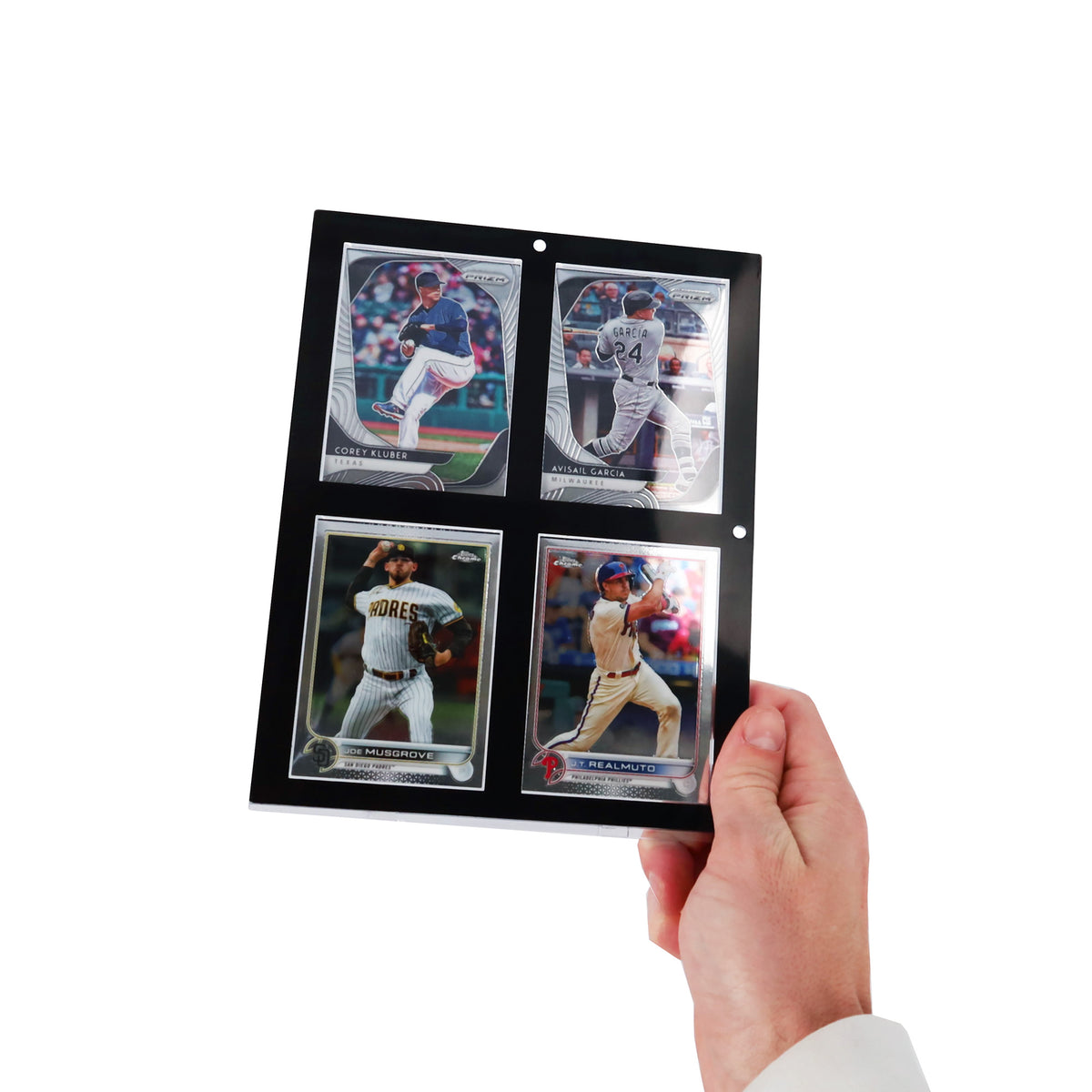 4-card 35 PT black-border magnetic holder with baseball card in hand