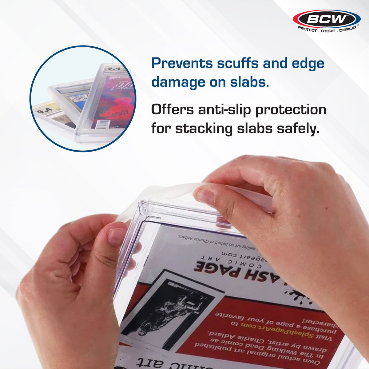 Hands installing translucent BCW bumpers on a graded comic slab