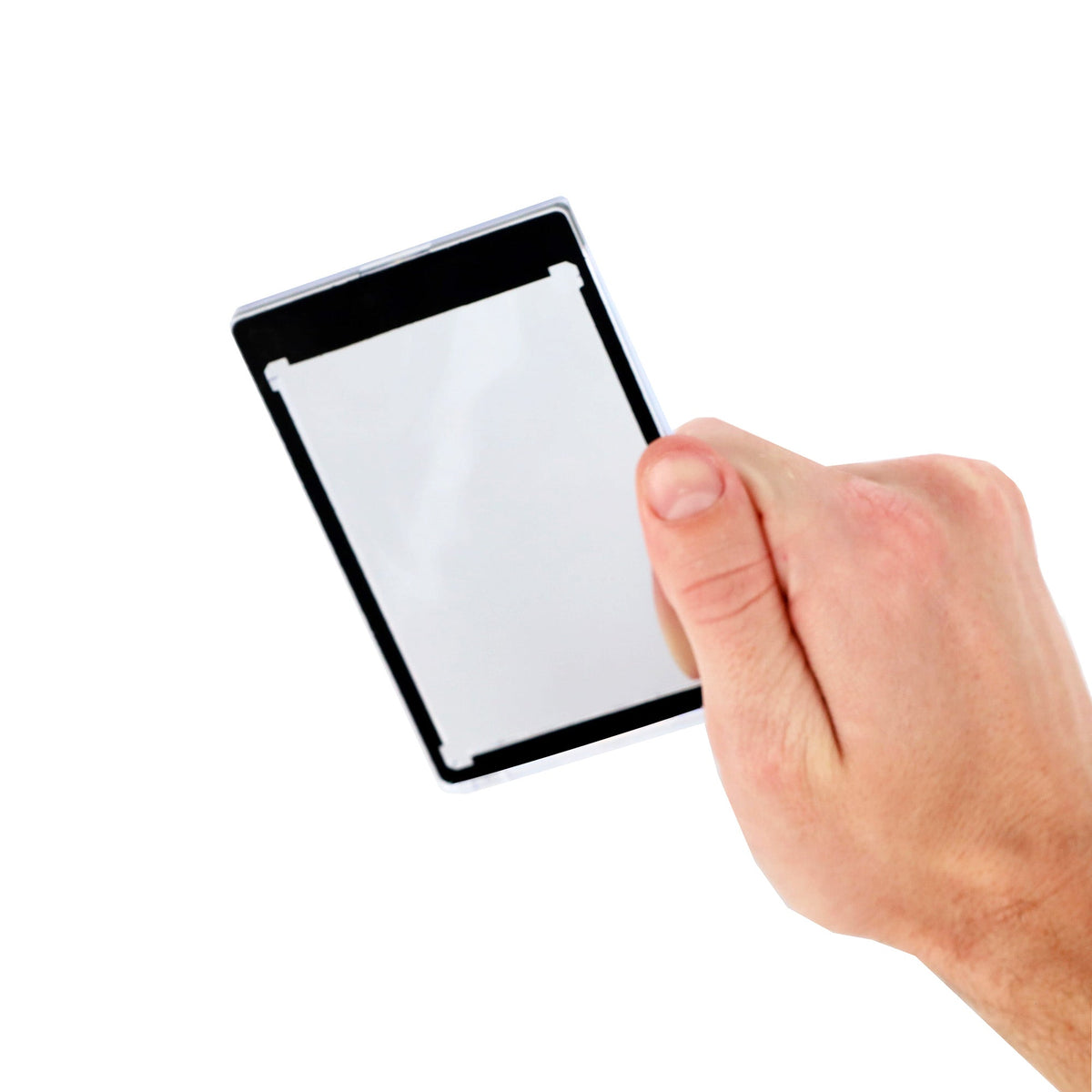 BCW 35 PT black-border magnetic card holder — Hand angle, empty holder
