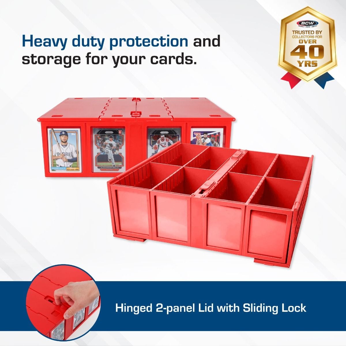 Official BCW 3200-count card storage bin, red; product image 3