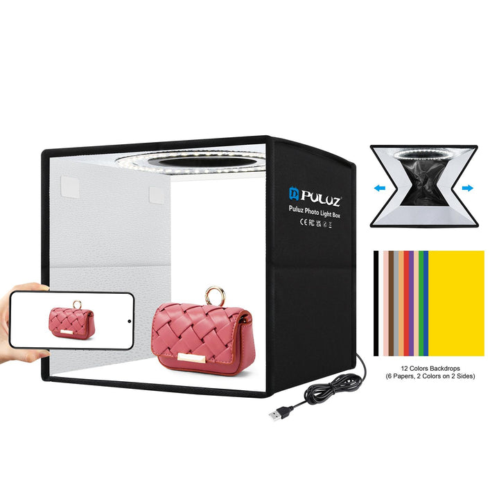 Photo Light Box 25 cm with 12 Backdrops — PULUZ Folding LED Studio Box for Card, Slab & Small Product Photography