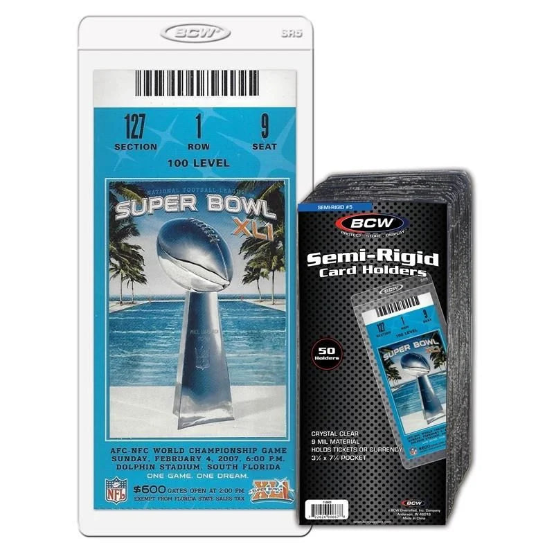 BCW Semi-Rigid Card Holder #5 with oversized ticket and 50-count pack