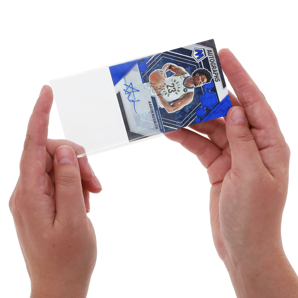BCW tabbed sleeve showing the pull tab used to insert or remove a card.
