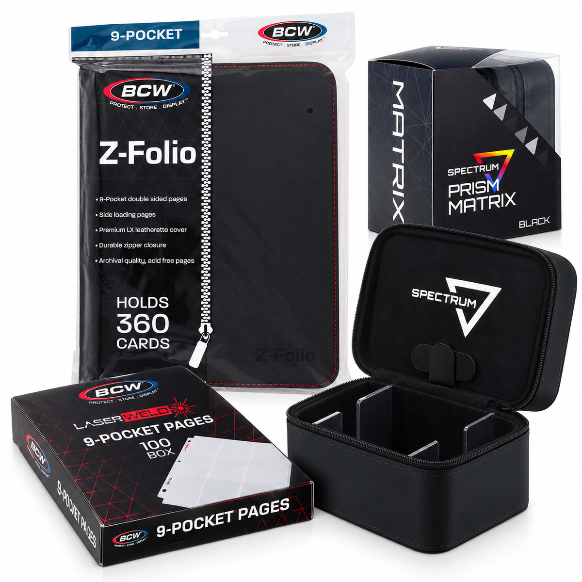 BCW TCG storage bundle with black Z-Folio, black Prism Matrix, and 100-count LaserWeld pages