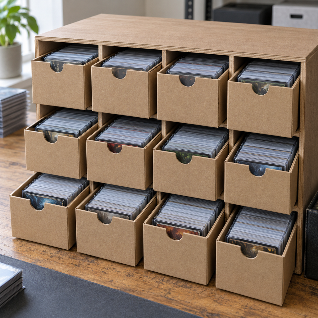 Close-up of twelve storage boxes filled with organized trading cards