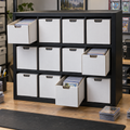 Bulk trading card organizer frame holding twelve storage boxes