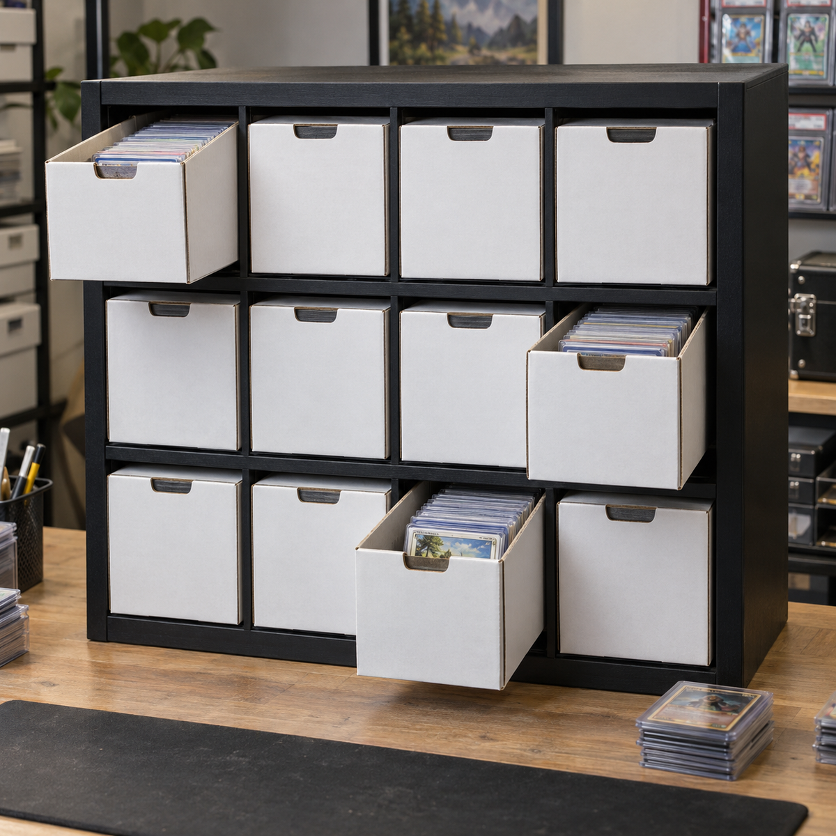 Bulk trading card organizer frame holding twelve storage boxes