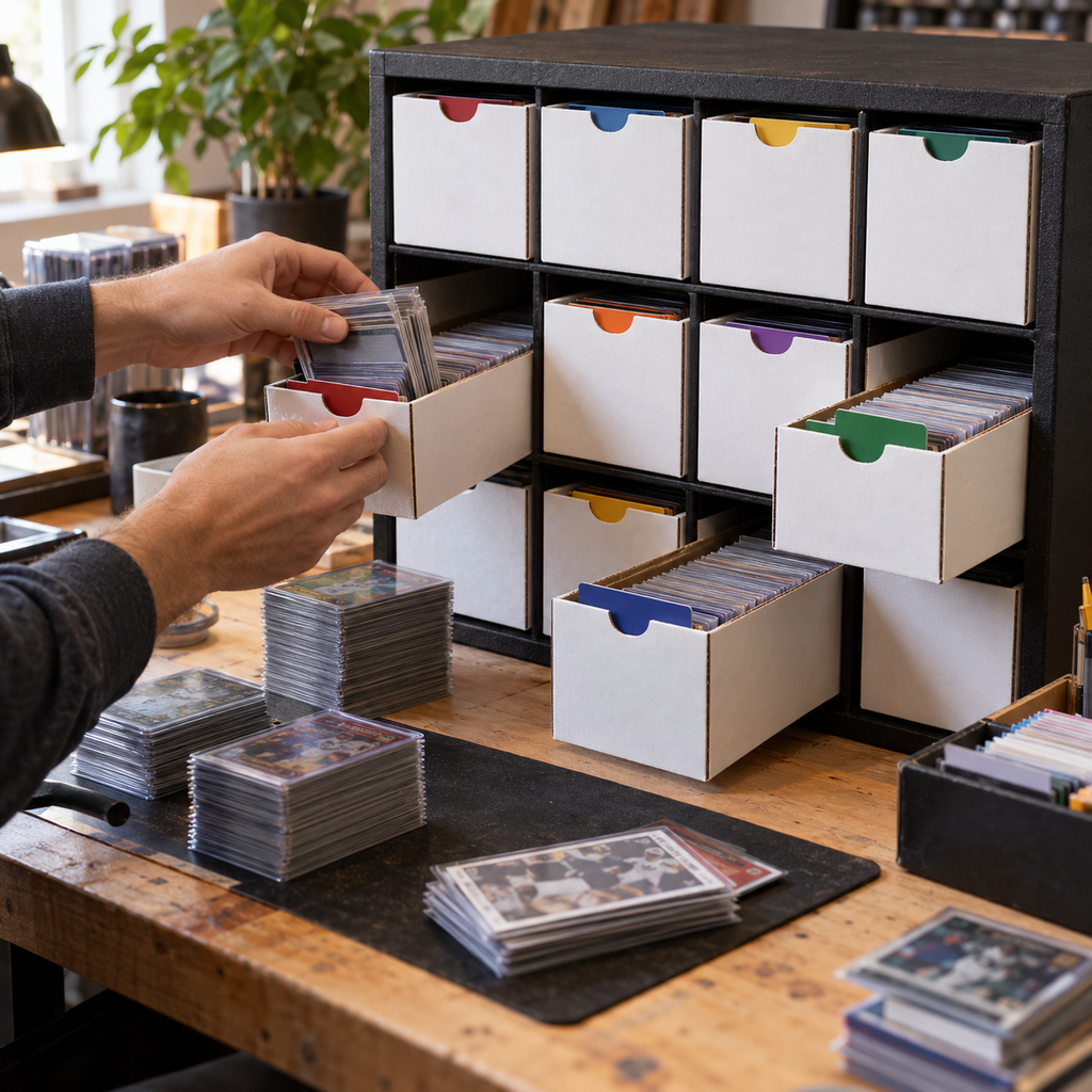 Collector loading trading cards into individual storage boxes in the organizer