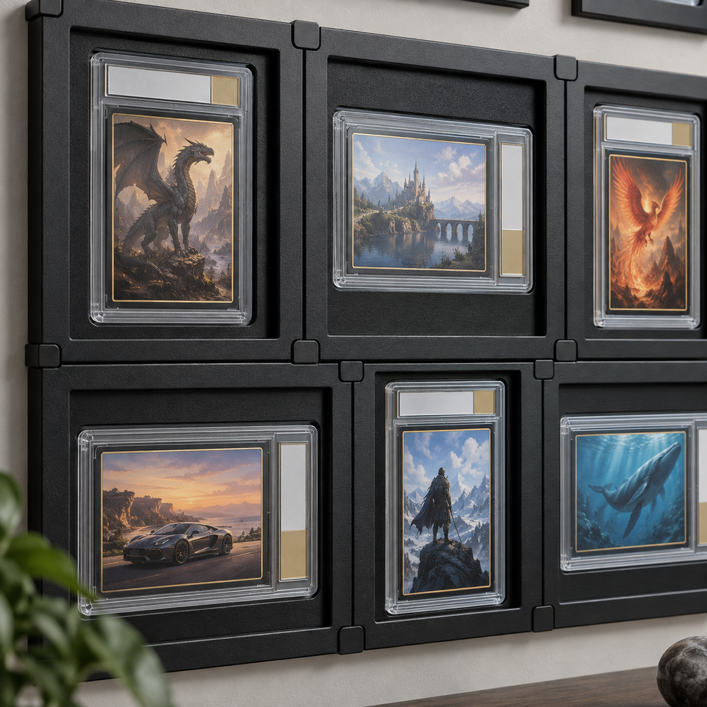 Close-up of interlocking graded card display frames and connection points