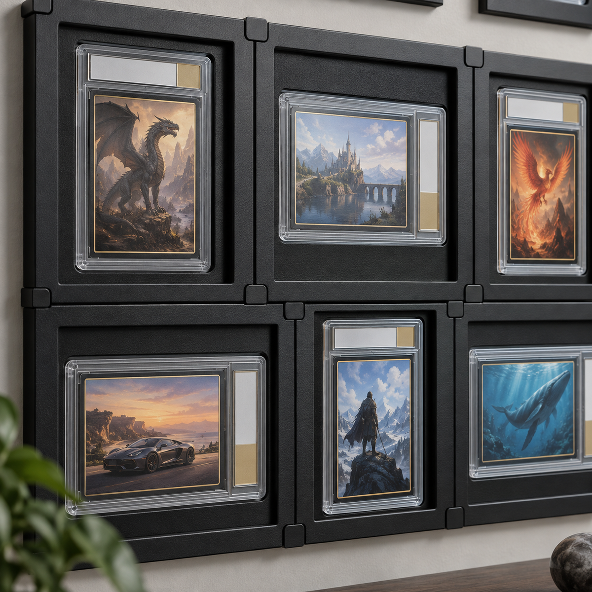Close-up of interlocking graded card display frames and connection points