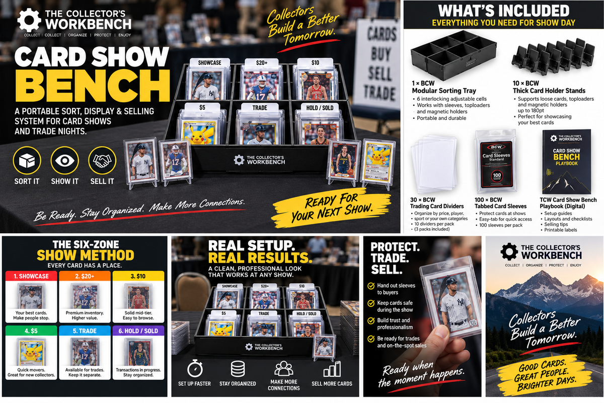 The Collector's Workbench Card Show Bench included components, Six-Zone Show Method, and show-day setup