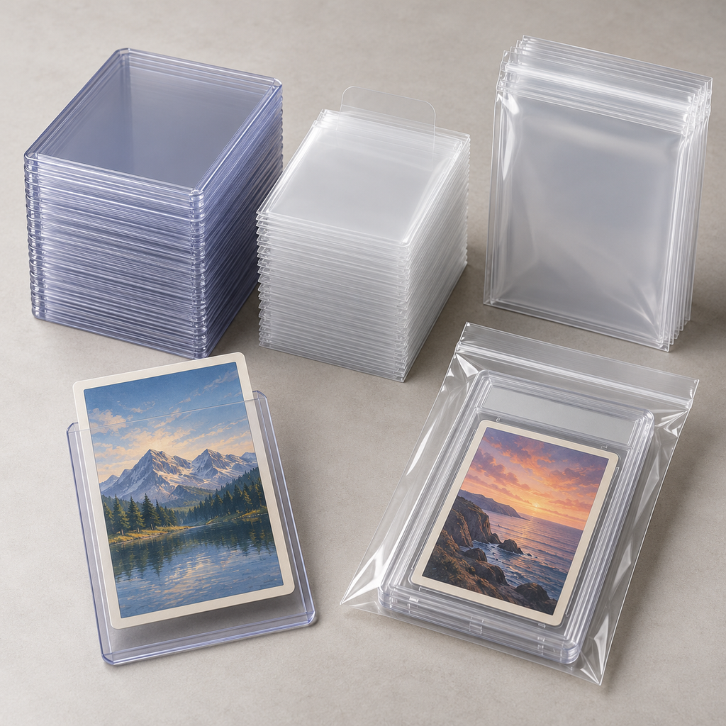 Illustrative overview of the kit: semi-rigid holders, tabbed sleeves, and resealable sleeves for graded slabs.