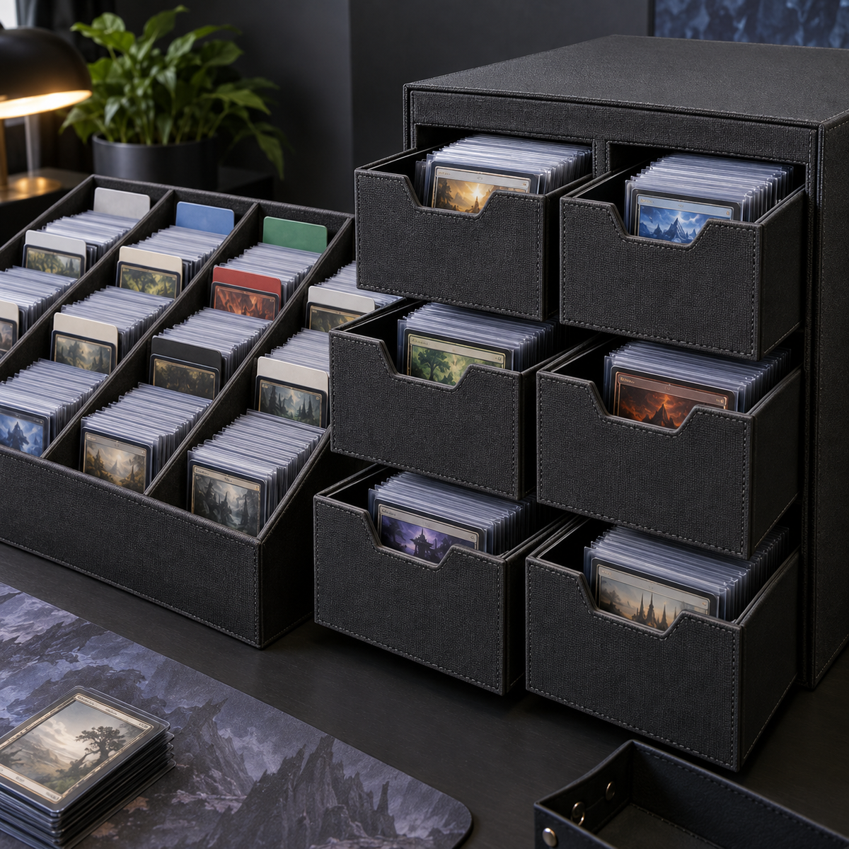 Close-up of organized trading cards in catalog drawers and sorting tray