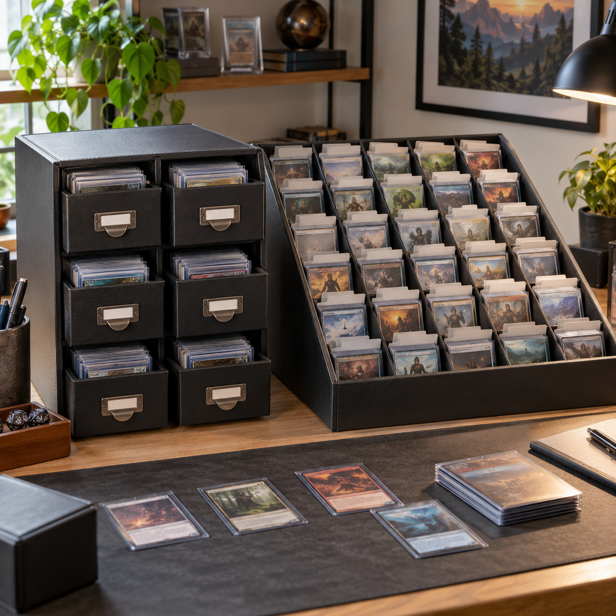 Trading card sorting and storage bundle with catalog and sorting tray