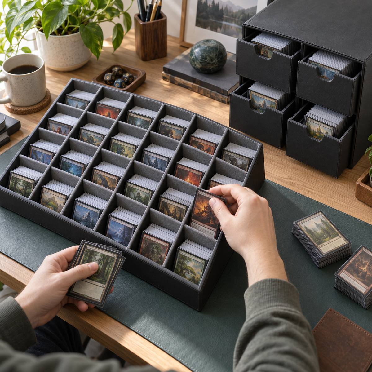 Collector sorting trading cards into a 26-cell tray beside a six-drawer catalog