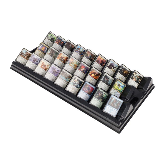 BCW SafeSort card sorting tray with cards organized in alphabetized cells
