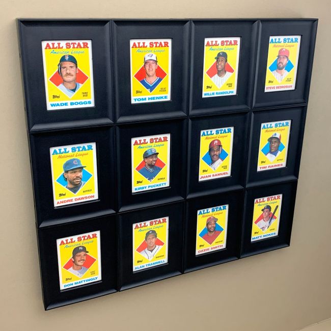 BCW interlocking black card frames in a 12-frame sports card display