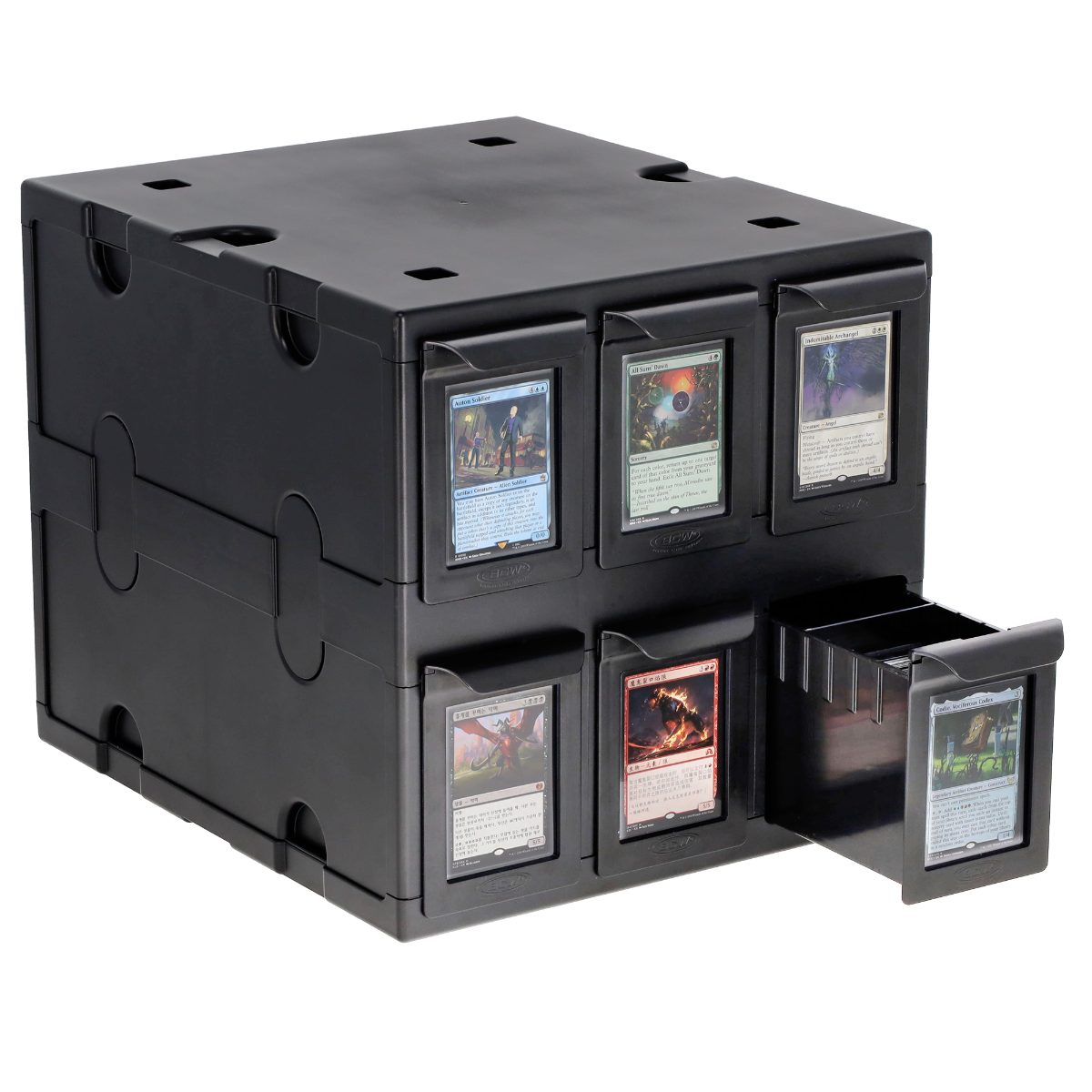 BCW 6 Drawer Card Storage Cabinet Black or White Standard Cards — BCW 6 Drawer Card Catalog black, angled with drawers open
