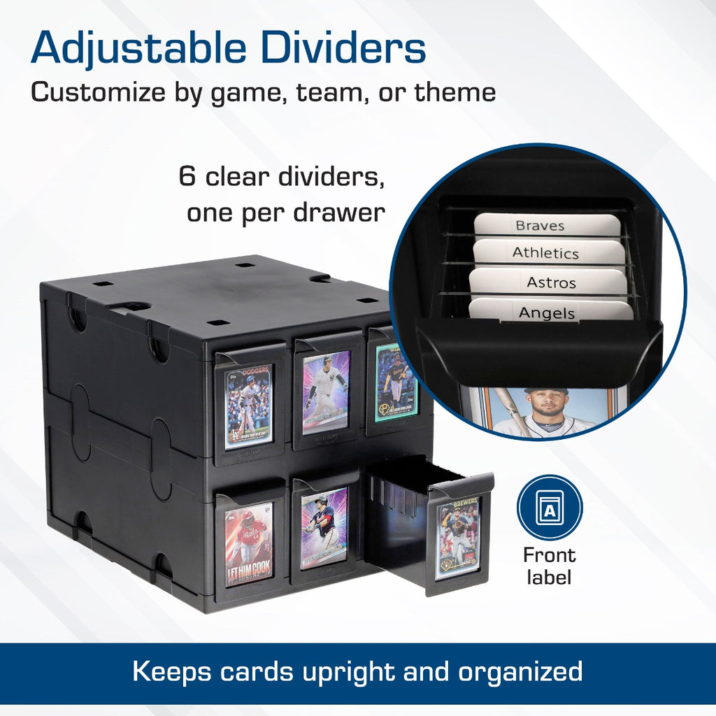 BCW 6 Drawer Card Catalog black infographic with adjustable dividers