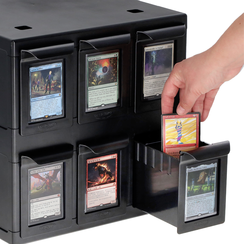 BCW 6 Drawer Card Catalog black hand inserting a card
