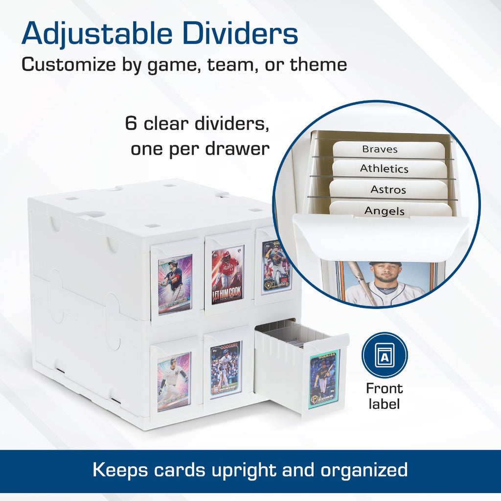 BCW 6 Drawer Card Catalog white infographic with adjustable dividers