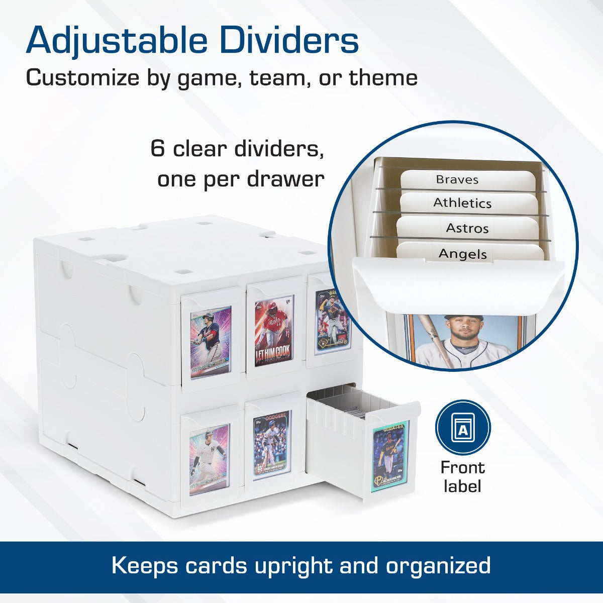 BCW 6 Drawer Card Catalog white infographic with adjustable dividers