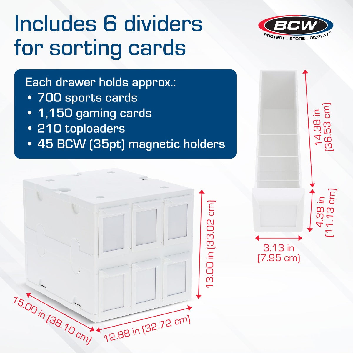 BCW 6 Drawer Card Catalog white infographic with capacity details