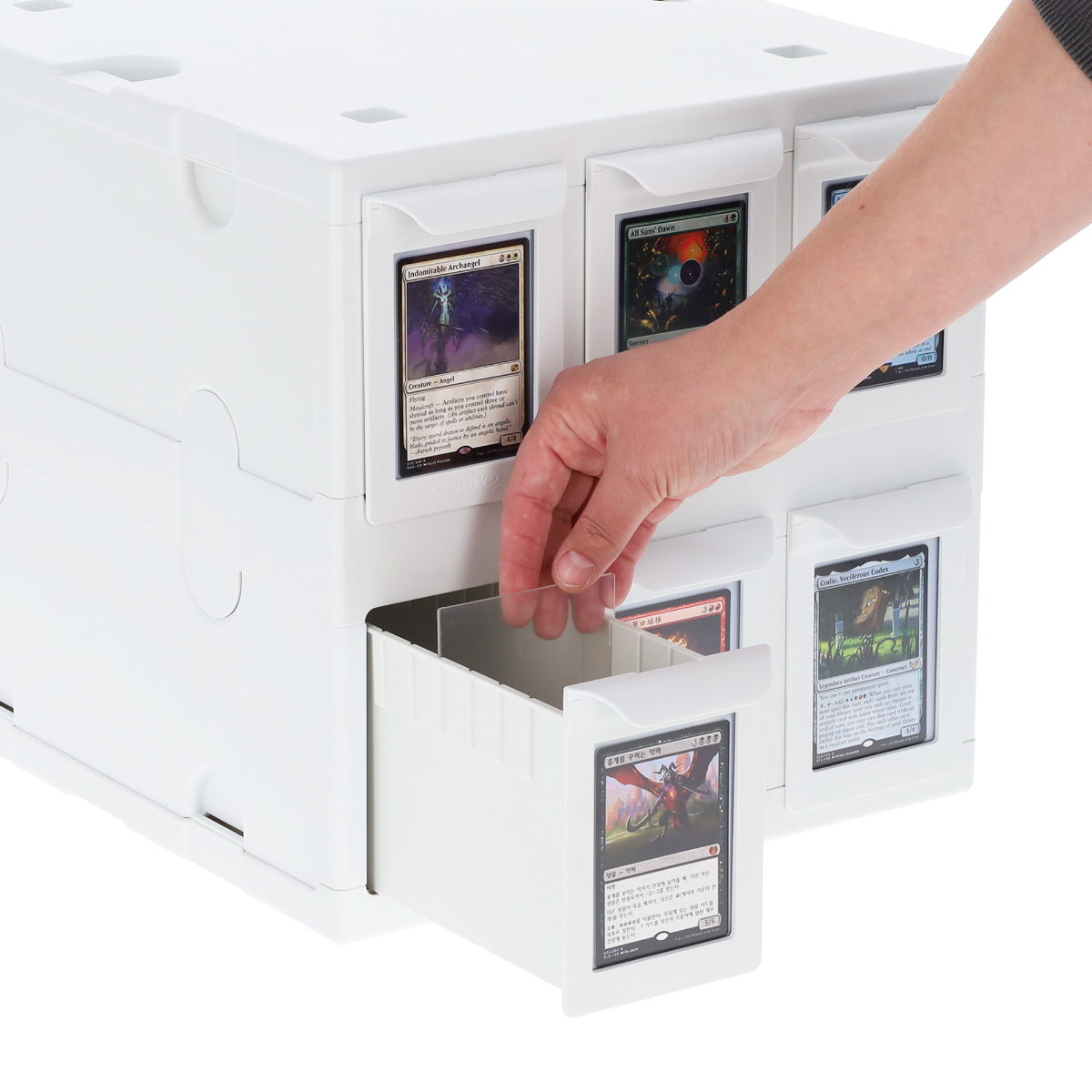 BCW 6 Drawer Card Catalog white hand view